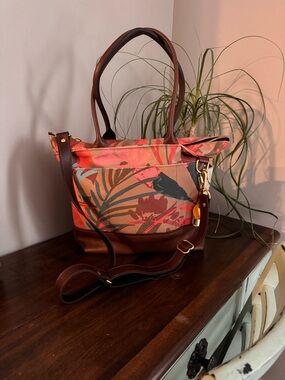 R . Riveter Floral Canvas Tote with Brown Trim